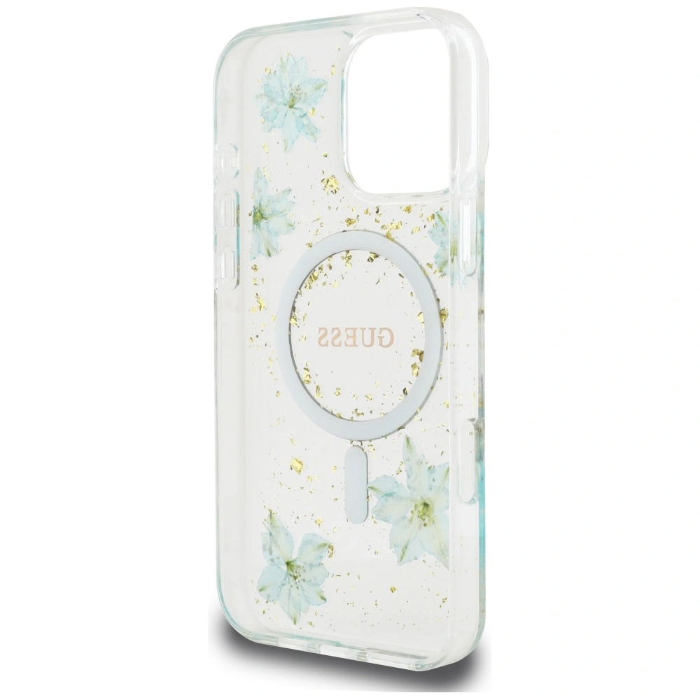 Case Guess Resin Flowers Glitter MagSafe for Apple iPhone 16 Pro turquoise