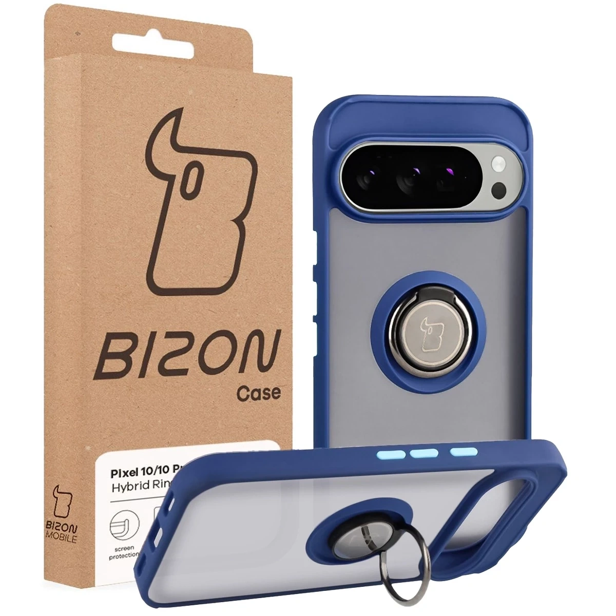 Etui z uchwytem na palec Bizon Case Hybrid Ring do Google Pixel 10 / 10 Pro przydymione z granatową ramką