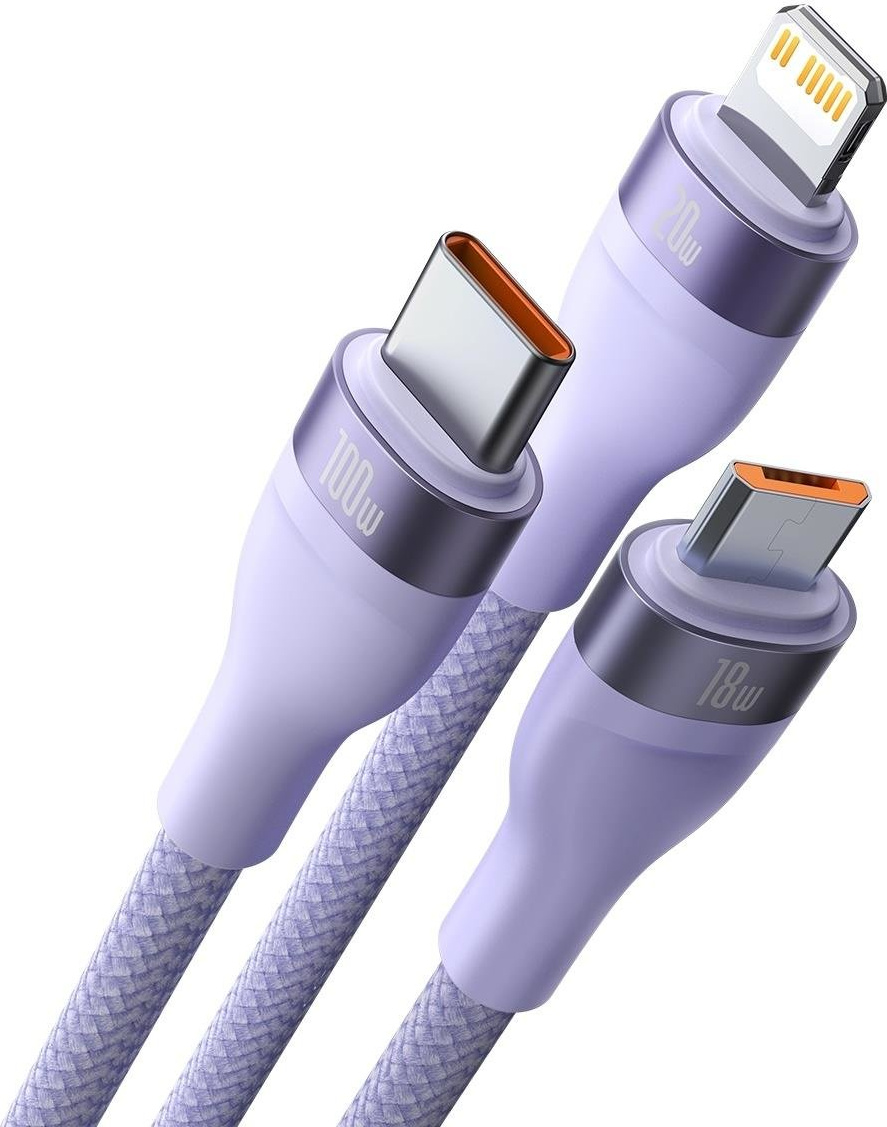 Baseus Flash Series II USB Type C / USB Type A cable - USB Type C / Lightning / micro USB 100 W 1.2 m purple