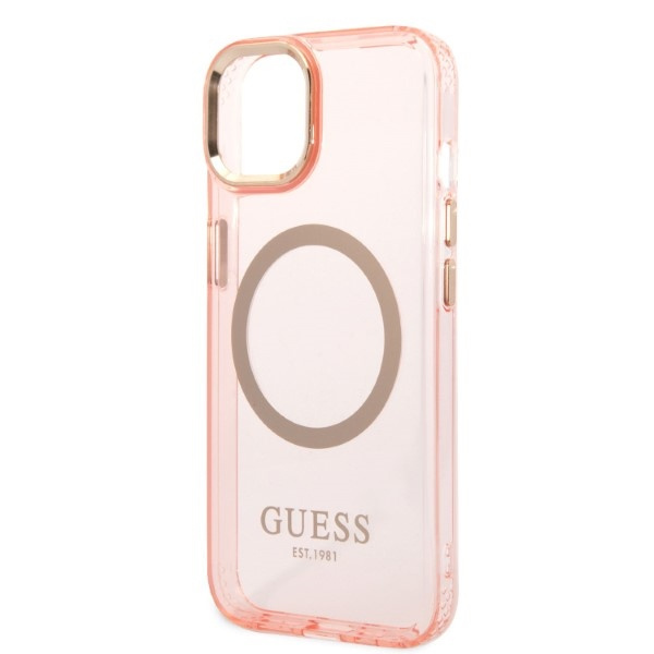 Guess GUHMP14SHTCMP Apple iPhone 14 pink hard case Gold Outline Translucent MagSafe