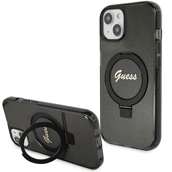 Guess GUHMP14SHRSGSK Apple iPhone 13 / 14 / 15 hardcase Ring Stand Script Glitter MagSafe black