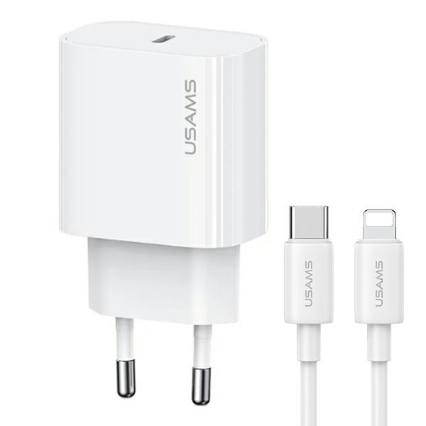 USAMS T65 US-CC226 wall charger USB-C PD 20W Fast Charging + USB-C / Lightning cable 30W white