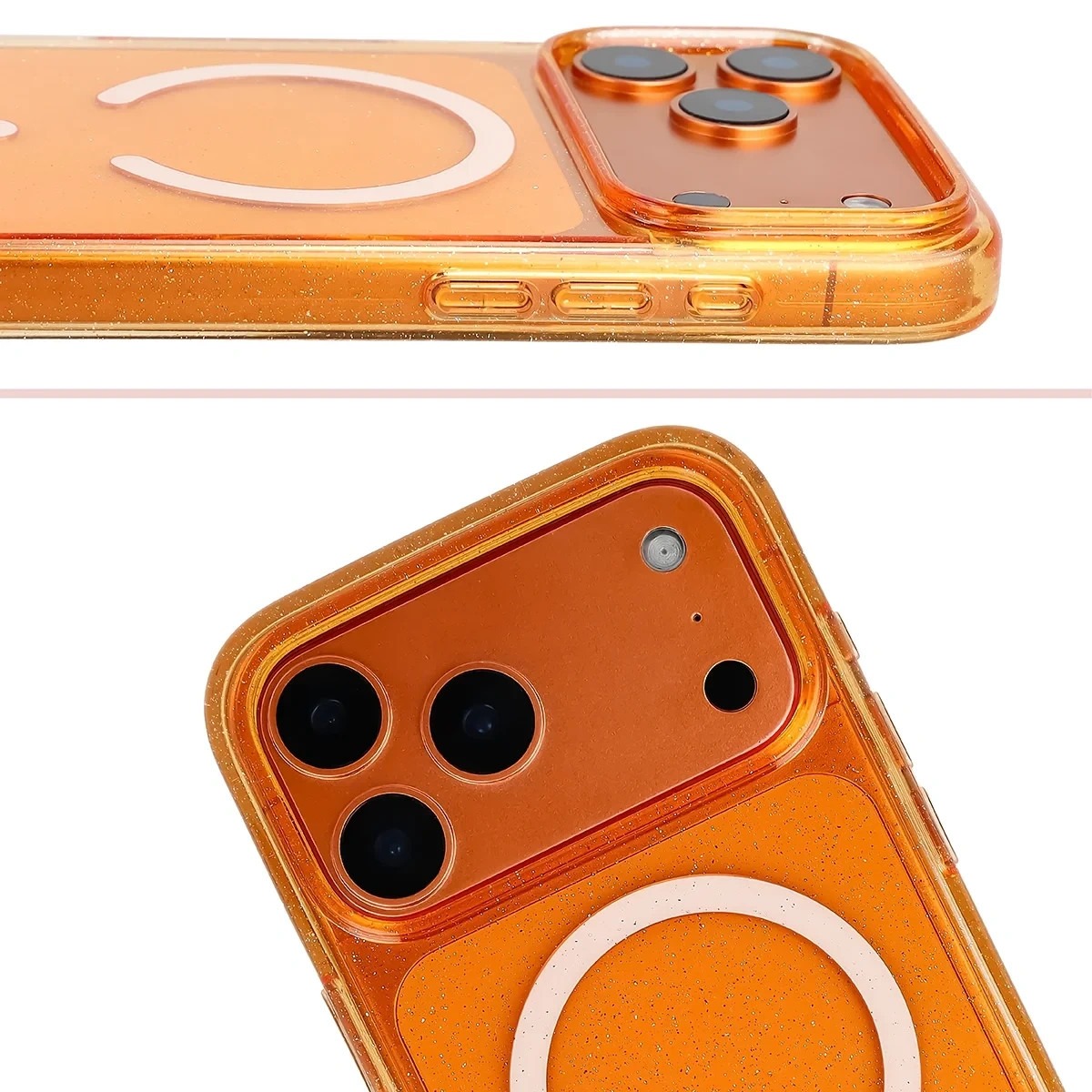 Etui brokatowe z pierścieniem magnetycznym Bizon Case SparklO do Apple iPhone 17 Pro Max, przezroczysto-pomarańczowe z brokatem