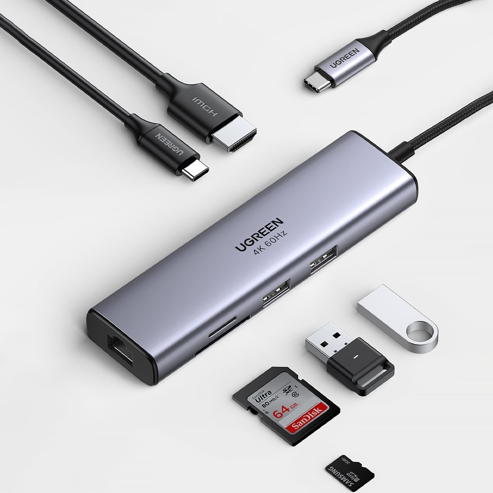 UGREEN CM511 Hub 5w1, USB-C to HDMI 1.4, 3xUSB-A , USB-C, PD, 100W (grey)