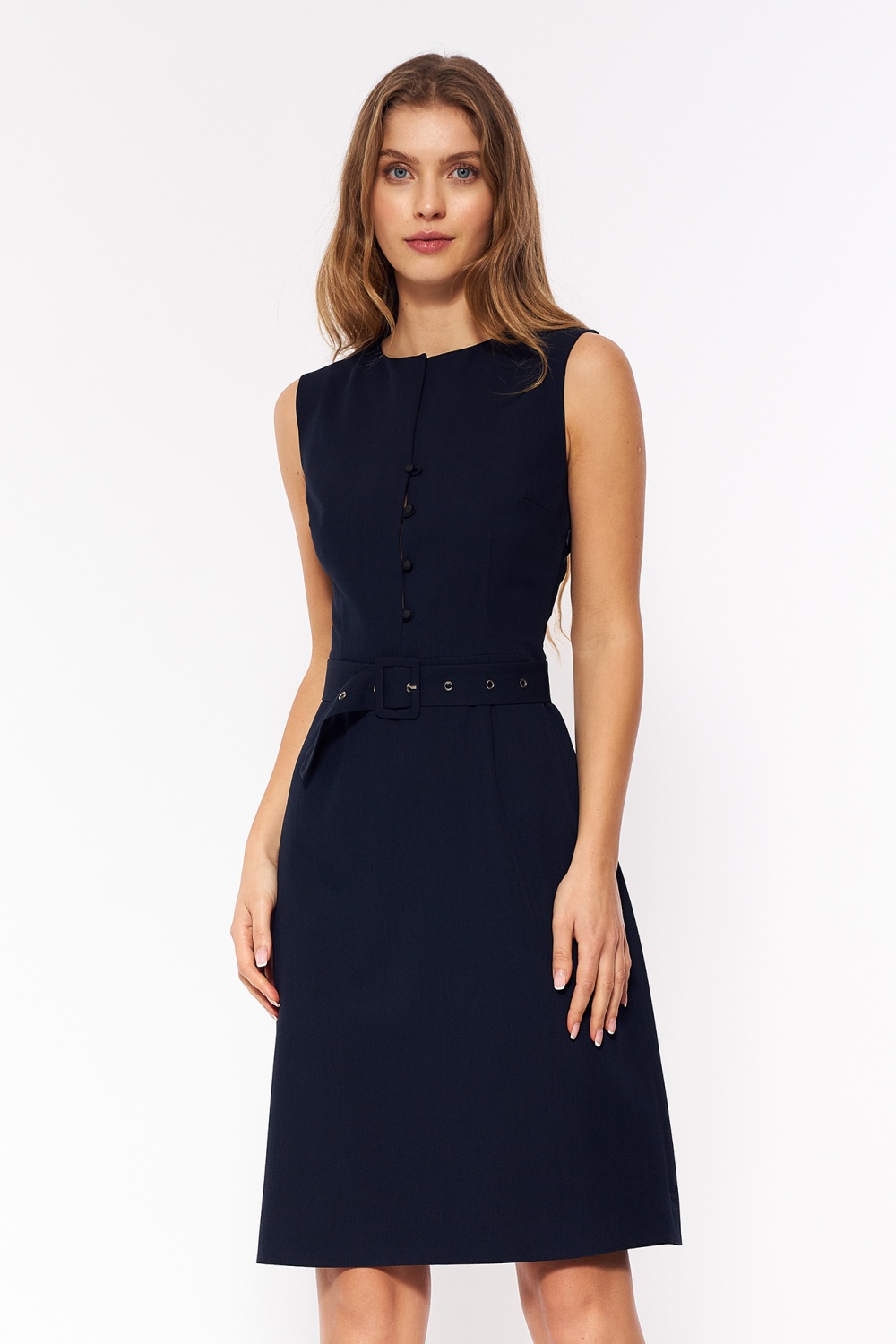 Sukienka Granatowa elegancka sukienka bez rękawów S200 Navy - Nife Granatowy Damska