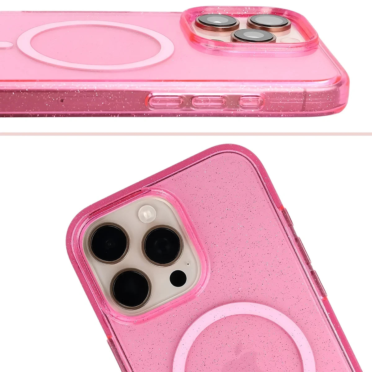 Etui brokatowe z pierścieniem magnetycznym Bizon Case SparklO do Apple iPhone 16 Pro Max, przezroczysto-różowe z brokatem