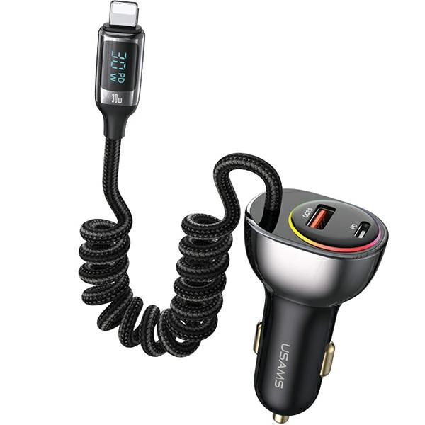 USAMS US-CC193 car charger 1xUSB-A 18W+1xUSB-C 30W + cable Ligtning 30W PD+QC Fast Charge black