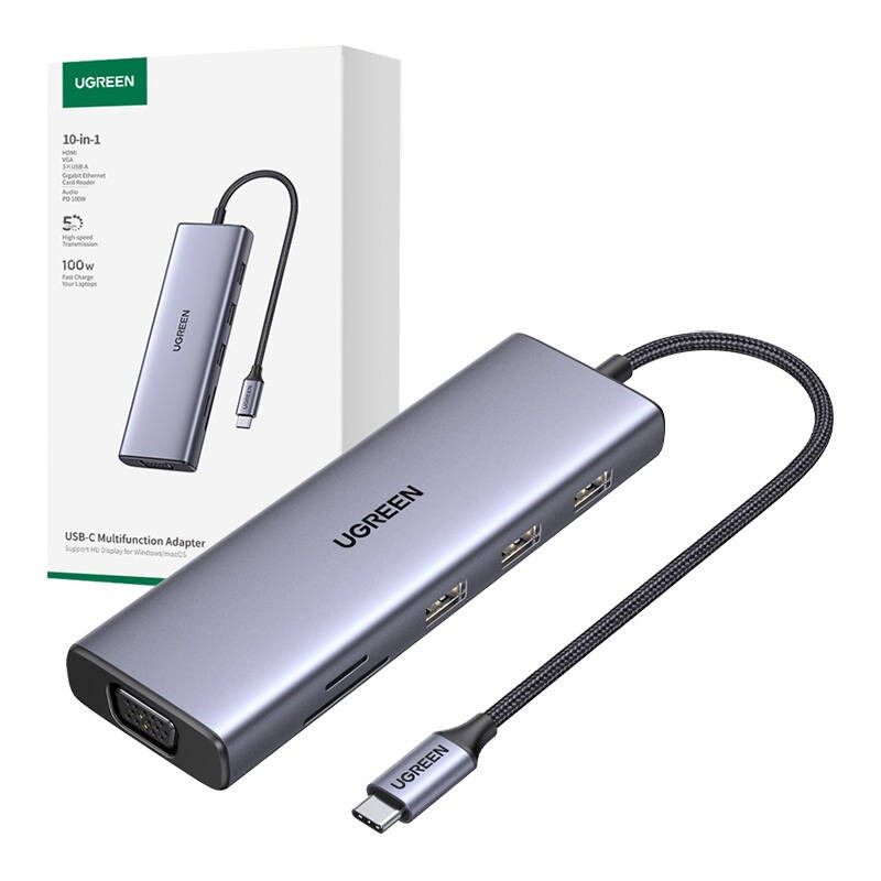 UGREEN CM498 adapter USB-C / 3xUSB-A 3.0, USB-C PD 100W, HDMI 4K30Hz, VGA, RJ45, SD/TF grey
