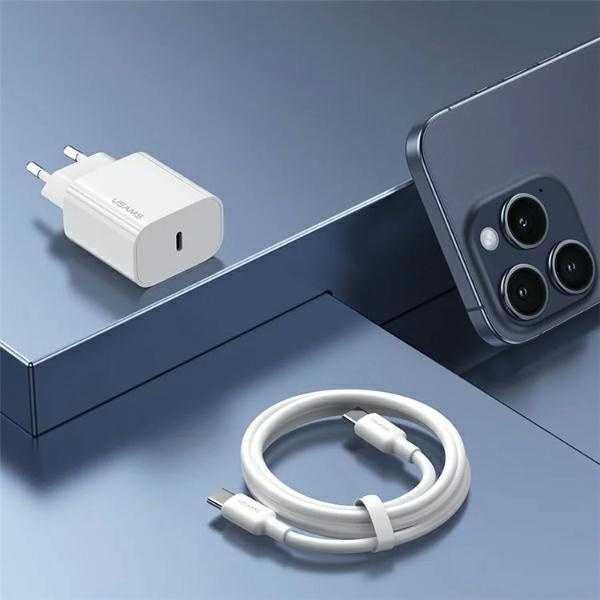 USAMS T65 US-CC226 wall charger USB-C PD 20W Fast Charging + USB-C / Lightning cable 30W white