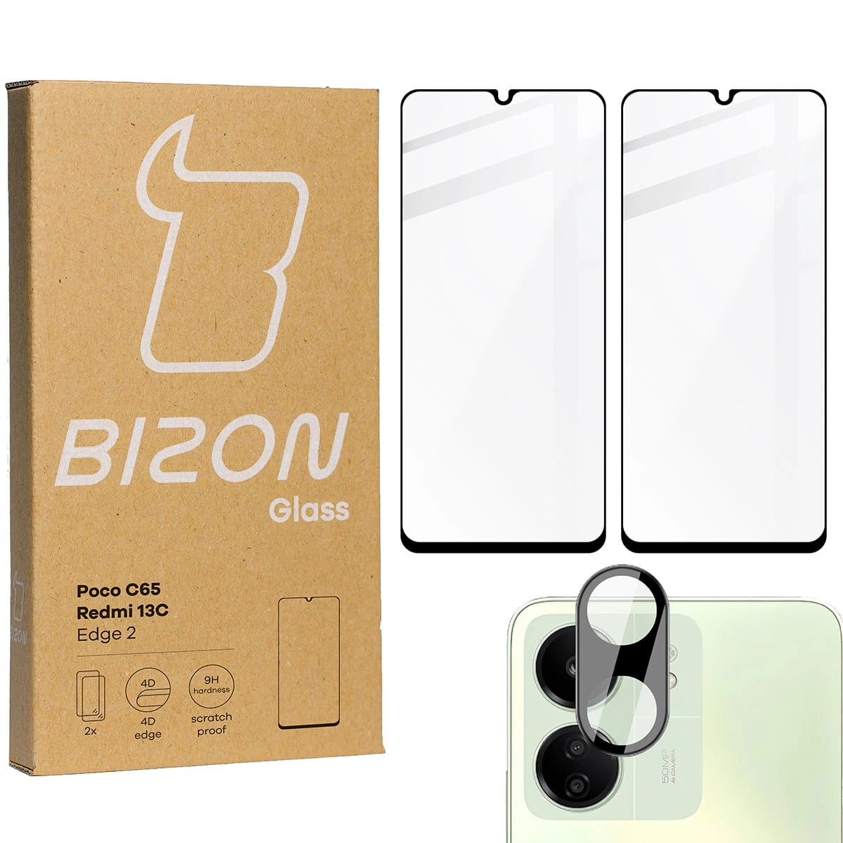BIZON Edge 2x screen glass + camera glass Redmi 13C / Poco C65