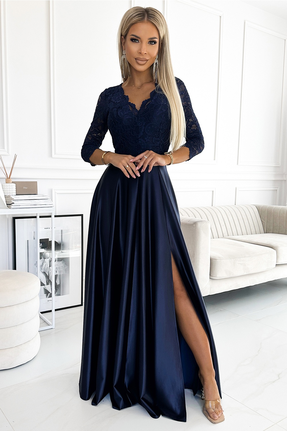  Dress Sukienka Model Amber 309-7 Navy Satyna - Numoco  navy blue