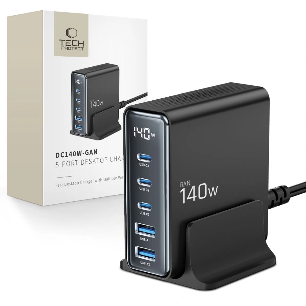 Tech-Protect DC140W-GAN 5-port 2xUSB-A, 3xUSB-C Desktop Charger PD140W / QC3.0 Black
