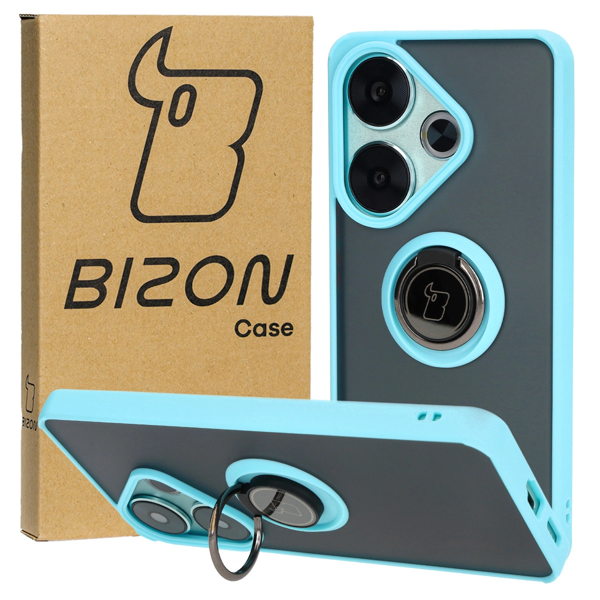 Bizon Case Hybrid Ring Xiaomi Poco F6 smoky with a light blue frame