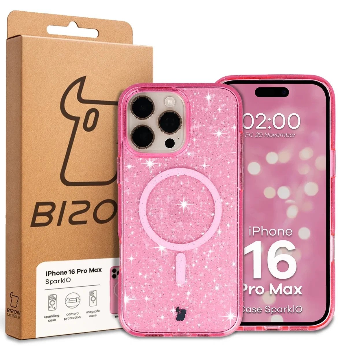 Etui brokatowe z pierścieniem magnetycznym Bizon Case SparklO do Apple iPhone 16 Pro Max, przezroczysto-różowe z brokatem