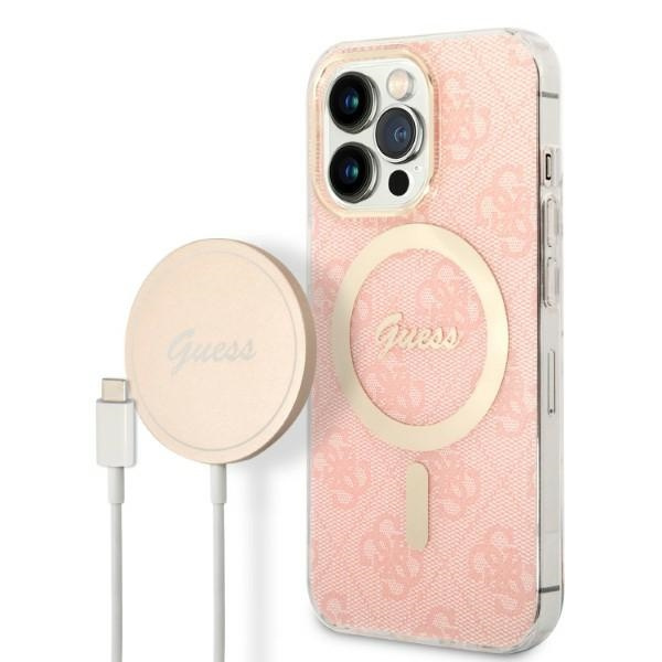 Guess GUBPP13XH4EACSP Case + Wireless Charger Apple iPhone 13 Pro Max pink hard case 4G Print MagSafe