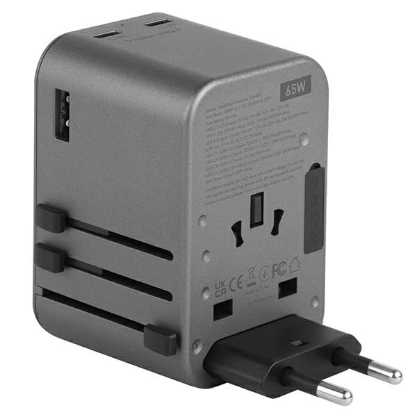 ENERGEA Travel World Adapter GaN65 4w1 US/UA/EU/UK USB-A, 2xUSB-C, PD65W, PPS55W, QC3.0 gunmetal 