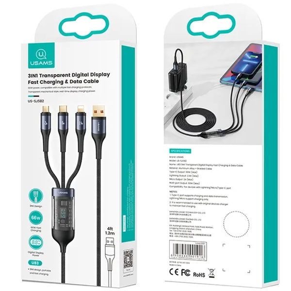 USAMS US-SJ582 USB-A / Lightning / microUSB / USB-C 3in1 cable 66W 1,2m black