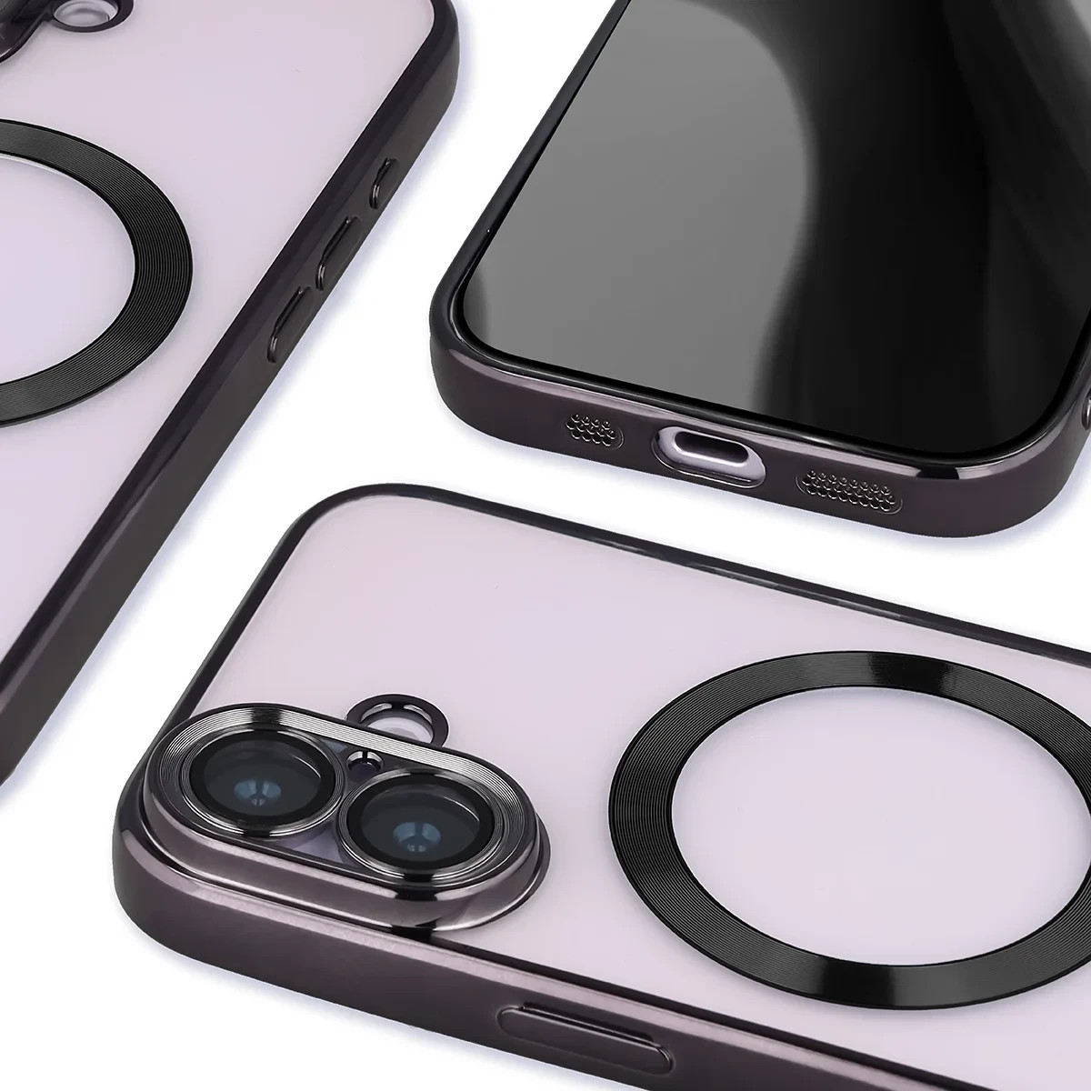 Etui z ochroną aparatu i pierścieniem magnetycznym Bizon Case GuardO do Apple iPhone 17, przezroczysto-czarne