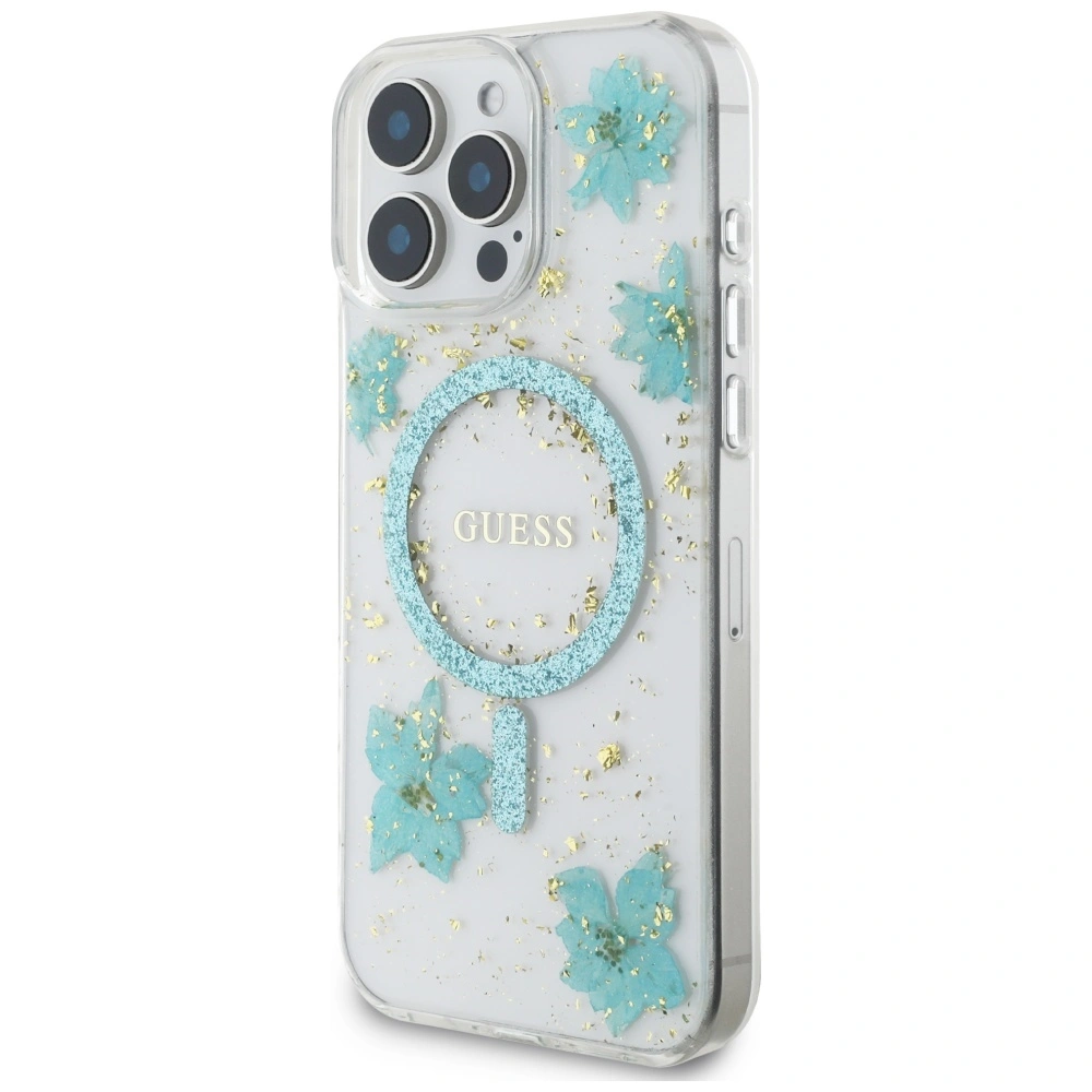 Case Guess Resin Flowers Glitter MagSafe for Apple iPhone 16 Pro turquoise