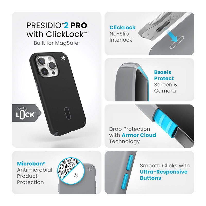 Speck Presidio2 Pro ClickLock & MagSafe Apple iPhone 15 Pro (Black/Slate Grey/White)