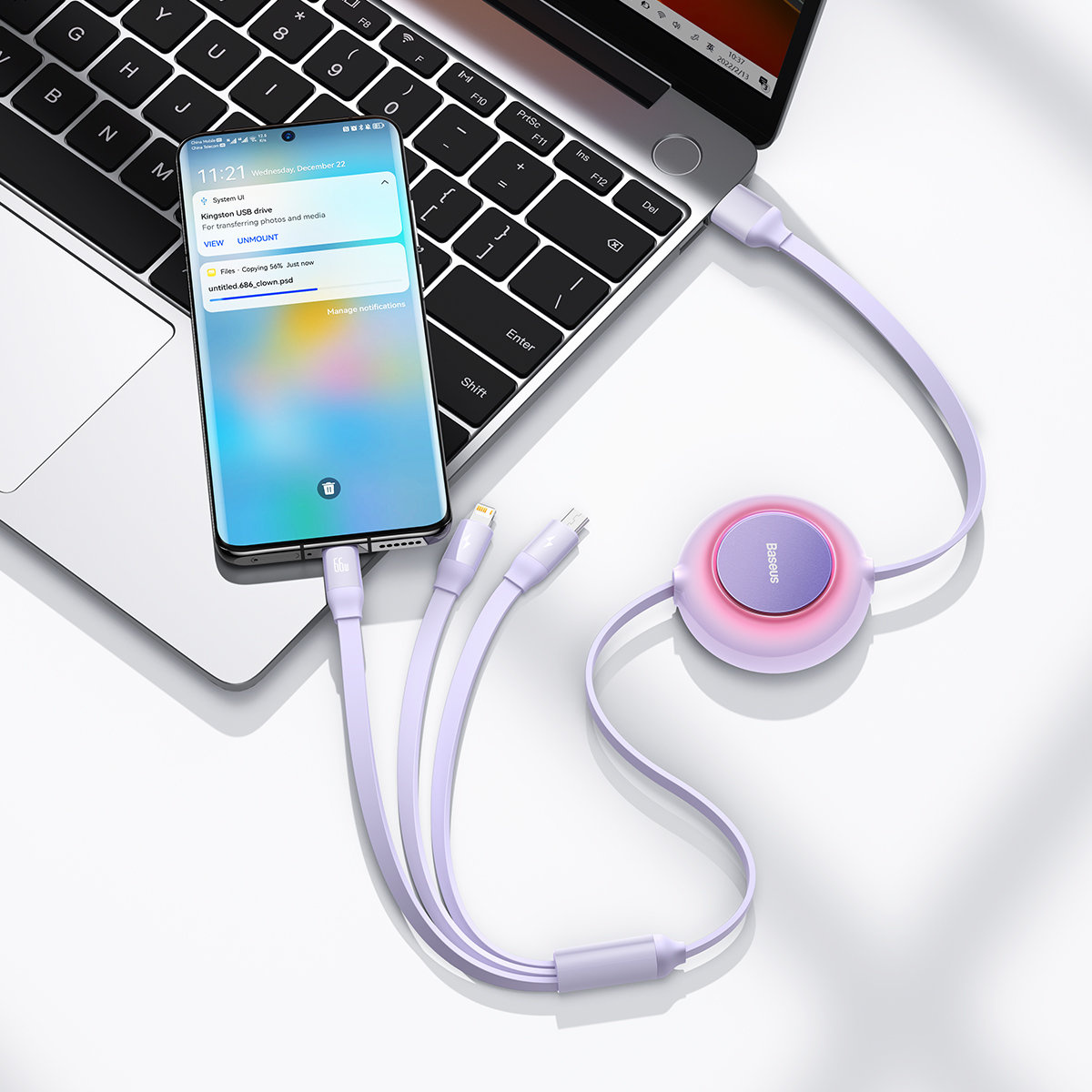 Baseus Bright Mirror 2 retractable cable 3in1 USB Type A - micro USB + Lightning + USB Type C 66W 1.1m purple