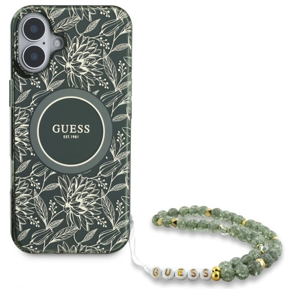 Guess GUHMP16SHCPOFPA Apple iPhone 16 hardcase IML Flowers Allover Electro With Pearl Strap MagSafe green