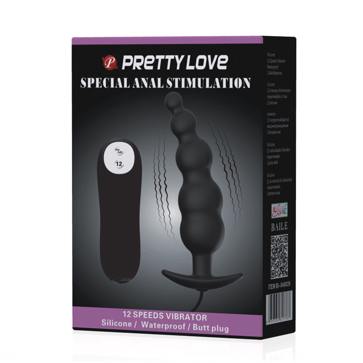 PRETTY LOVE BOTTOM SILICONE RIBBED PLUG 12 VIBRATION MODES