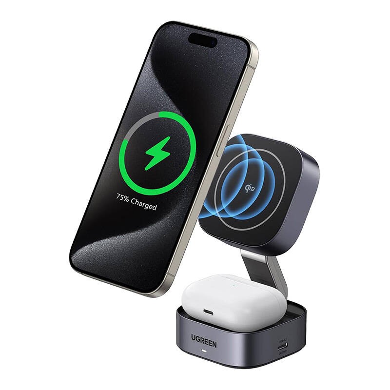 UGREEN W702 Qi 2-in-1 inductive charger iPhone, AirPods, 15W grey