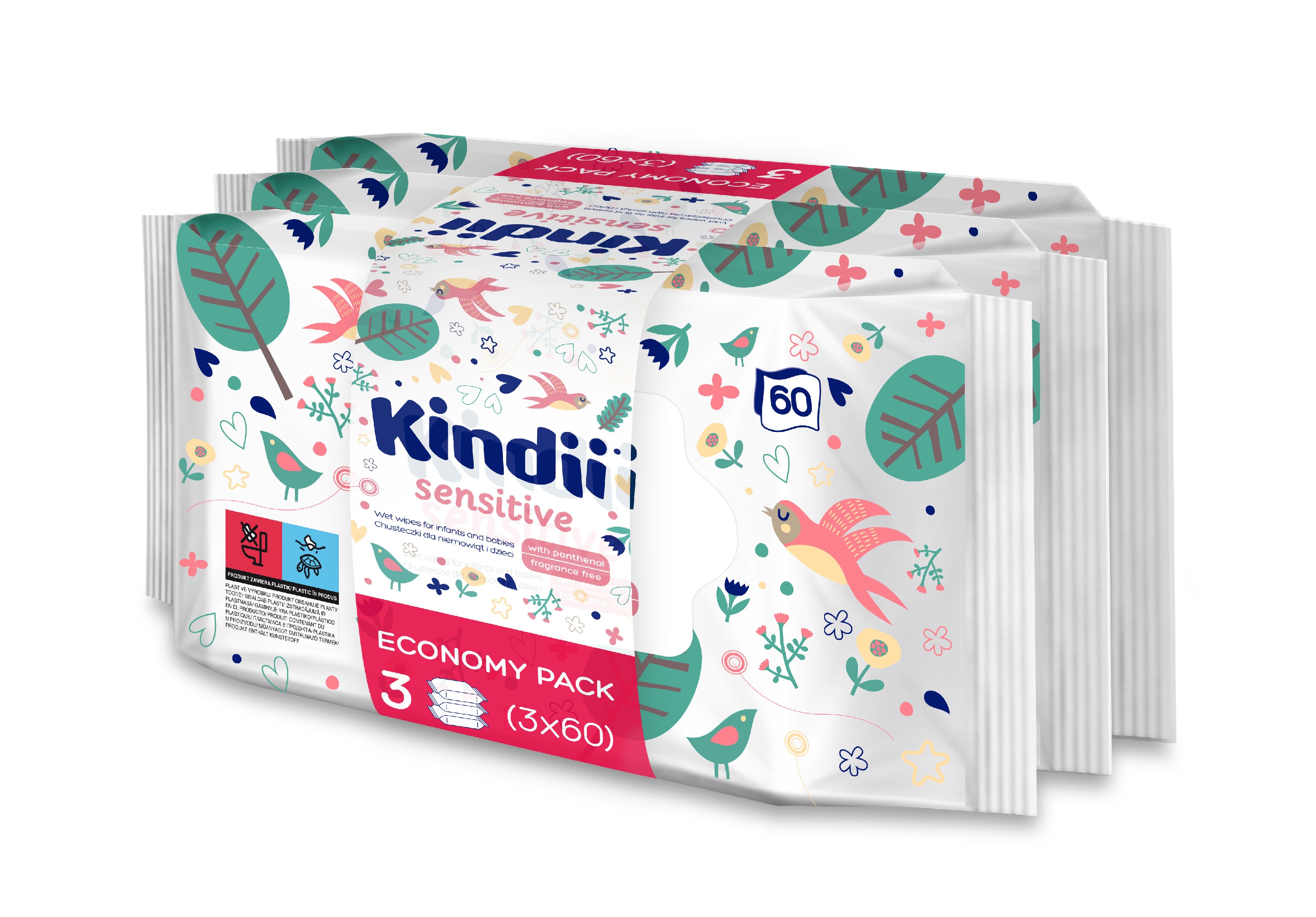 Kindi Sensitive Chusteczki oczyszczające dla niemowląt i dzieci  TRIO 1op.-3x60szt