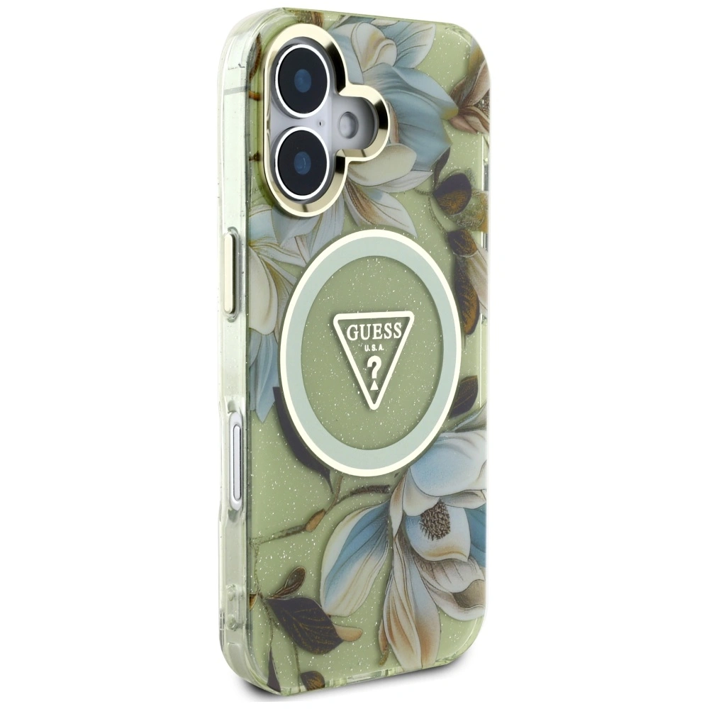 Guess Glitter Flowers Triangle Buttons MagSafe Apple iPhone 16 green