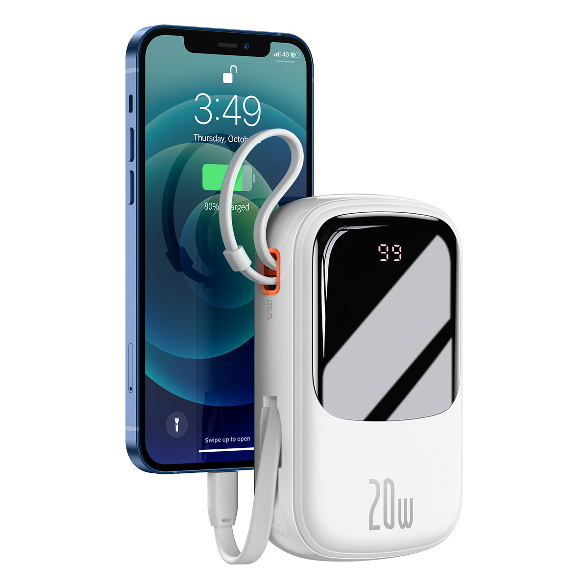 Baseus Qpow Digital Display Power Bank with Fast Charging 20000mAh 20W QC/PD/SCP/FCP with Built-in Lightning Cable White