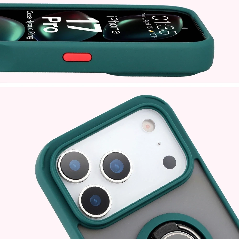Etui z uchwytem na palec Bizon Case Hybrid Ring do Apple iPhone 17 Pro przydymione z ciemnozieloną ramką