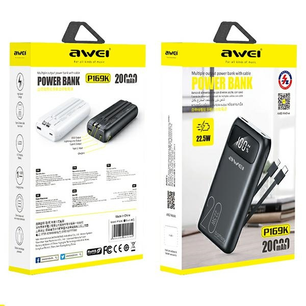 AWEI P169K Powerbank 20000mAh 22.5W black Display + PD/Lightning Cable