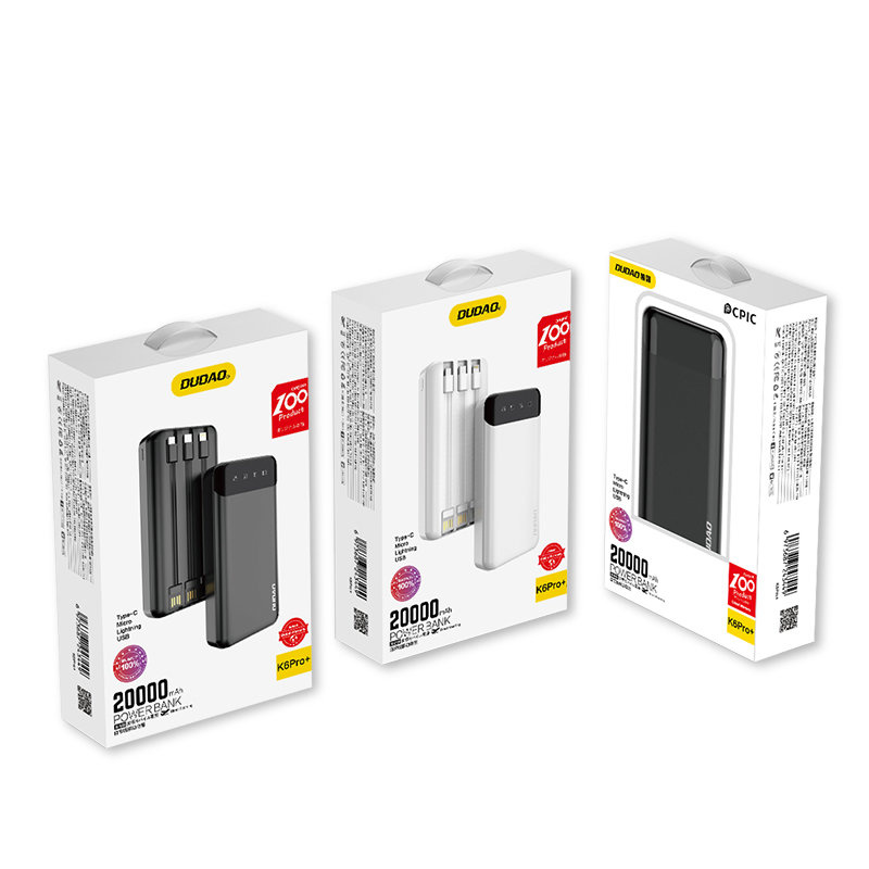 Dudao capacious powerbank with 3 built-in cables 20000mAh USB Type C + micro USB + Lightning white (Dudao K6Pro +)