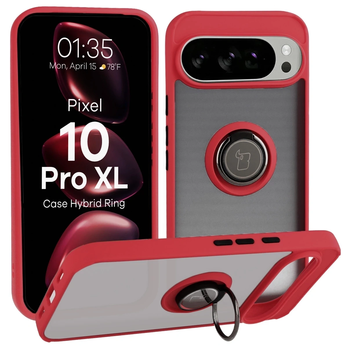 Etui z uchwytem na palec Bizon Case Hybrid Ring do Google Pixel 10 Pro XL przydymione z czerwoną ramką