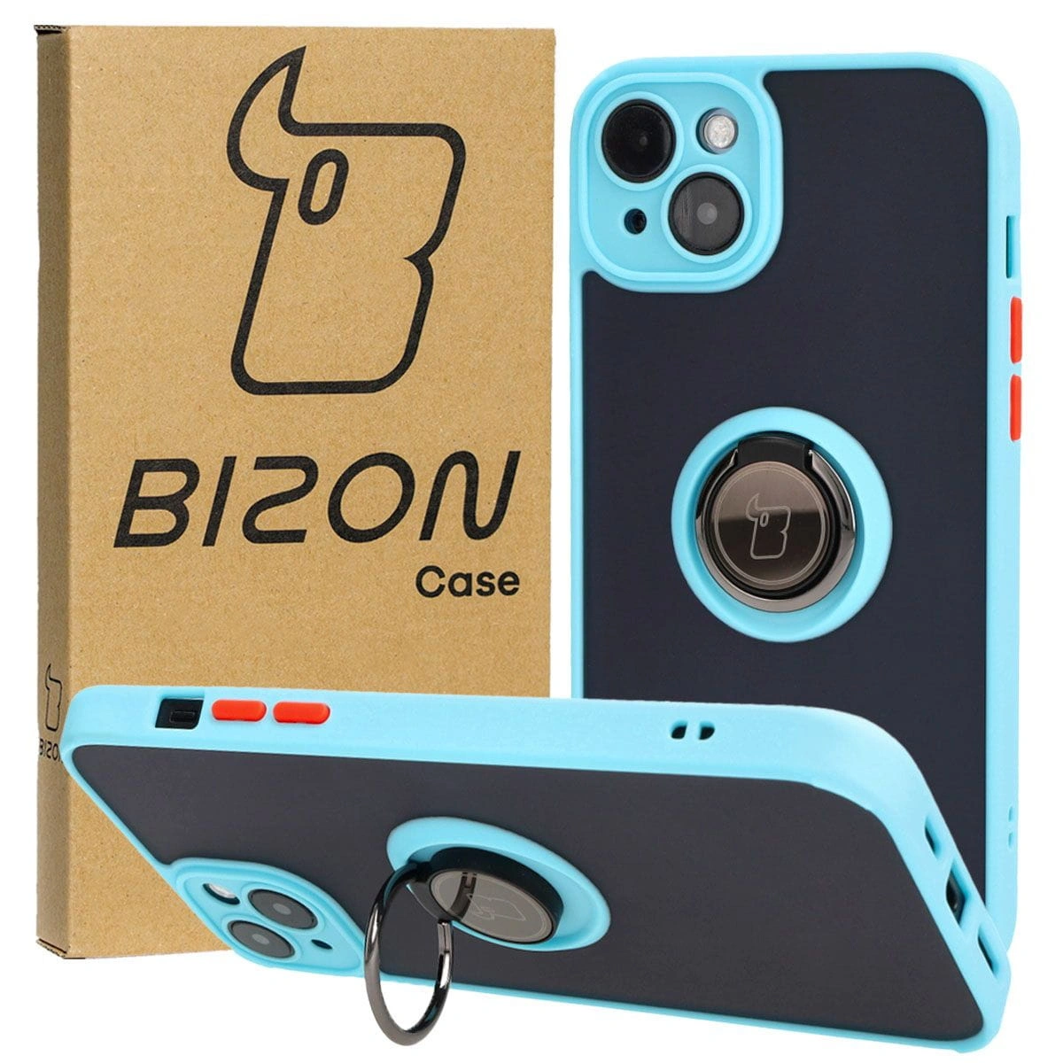 Bizon Case Hybrid Ring Apple iPhone 15 Plus smoky with a light blue frame