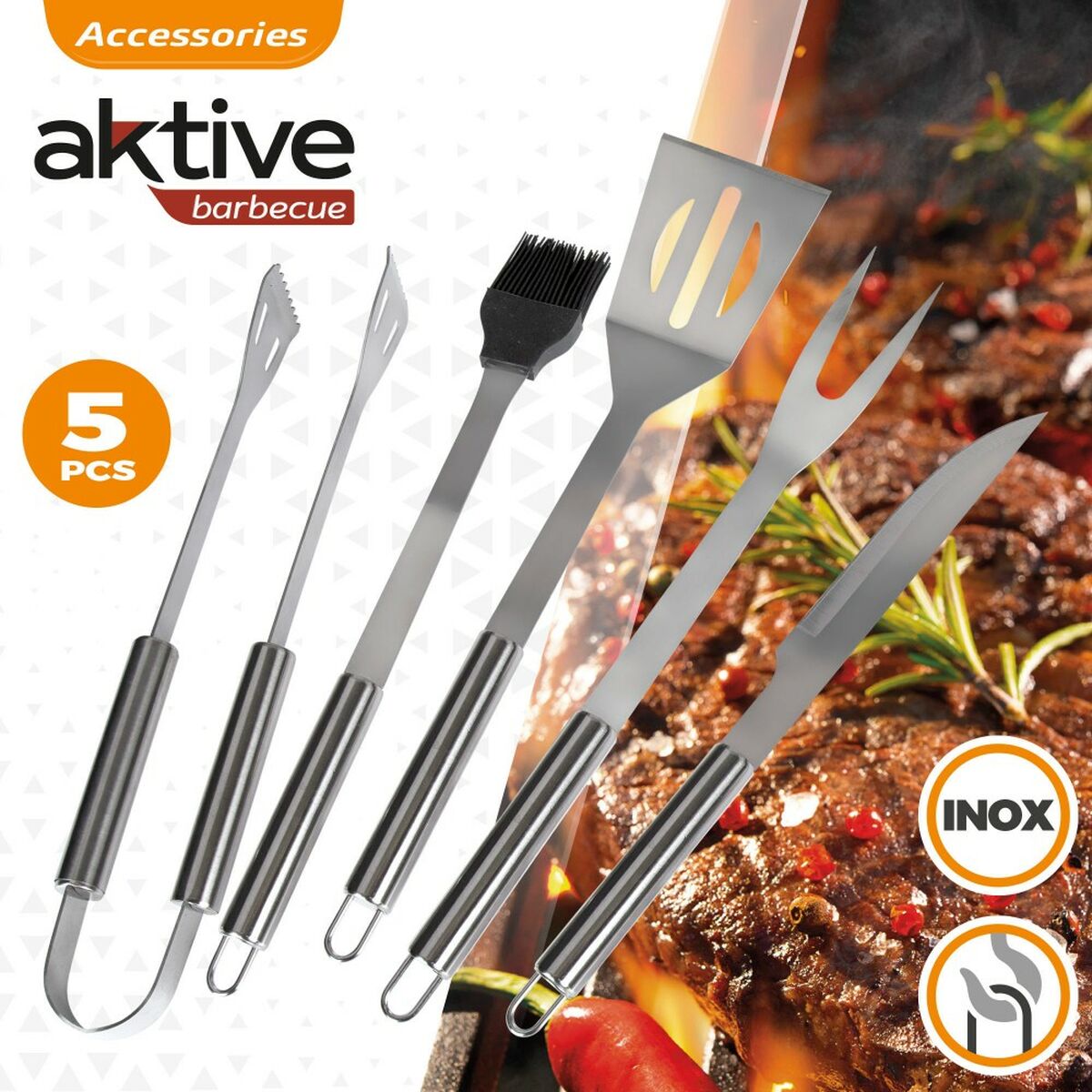 Barbecue utensils Aktive 7,5 x 35 x 1,9 cm Stainless steel Silicone 12 Units (5 Pieces)