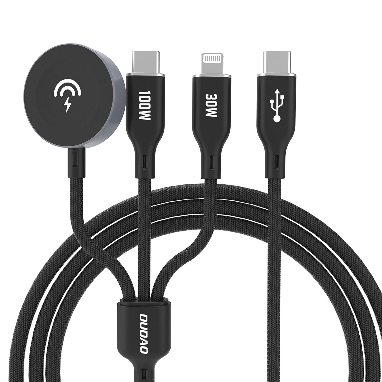 Kabel Dudao A12Max+ USB-C / USB-C PD 100W, Lightning PD 30W, ładowarka do Apple Watch 2.5W 1.2m czarny