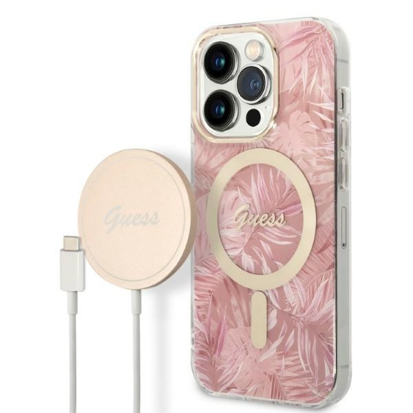 Guess GUBPP14LHJEACSP Case + Wireless Charger Apple iPhone 14 Pro pink hard case Jungle MagSafe