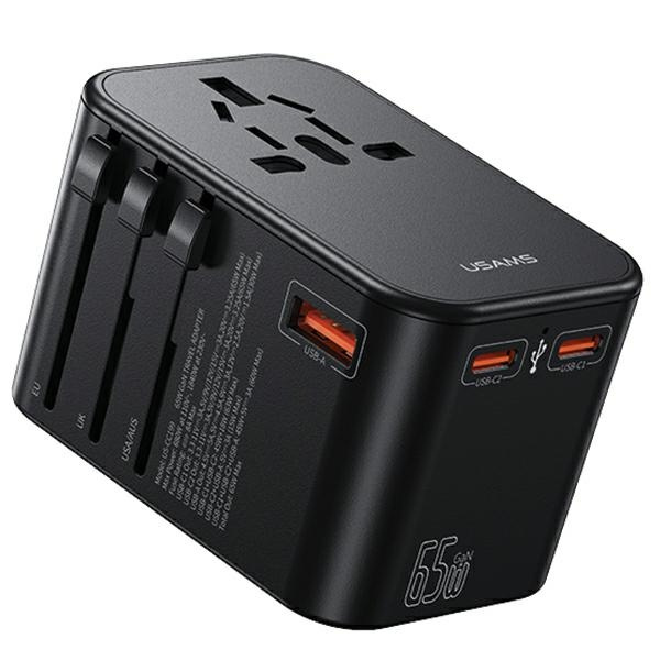 USAMS T62 Univesal Travel Charger US/AU/EU/UK 1xUSB, 2xUSB-C 65W black 