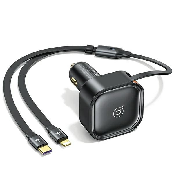 USAMS C41 2xUSB-C car charger with retractable cable PD 30W Fast Charge black