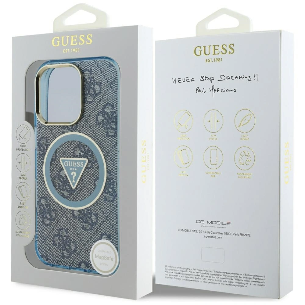 Etui Guess IML Metal Glitter 4G Circle Triangle MagSafe do Apple iPhone 16 Pro niebieski