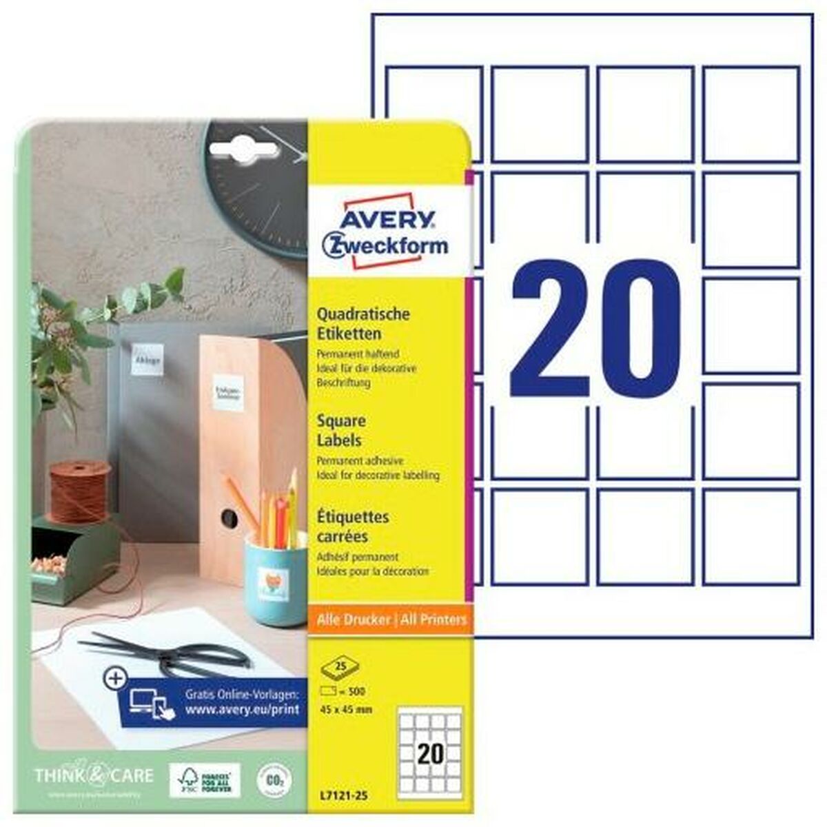 Adhesive labels Avery 45 x 45 mm White 25 Sheets