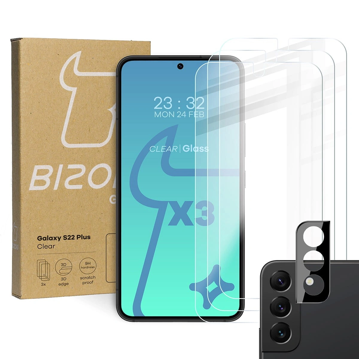 Bizon Glass Clear tempered glass - 3 pcs. + lens glass Samsung Galaxy S22 Plus
