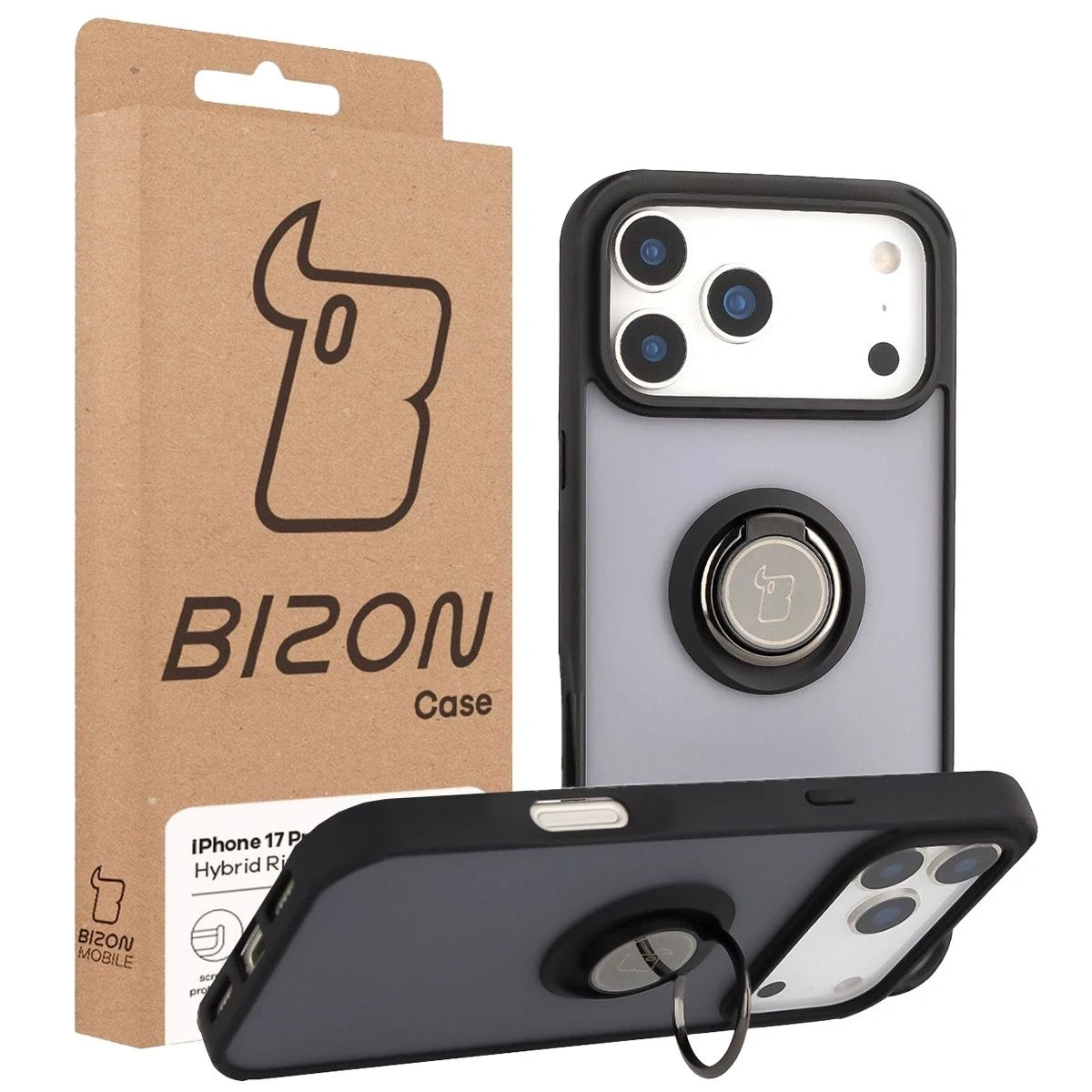 Etui z uchwytem na palec Bizon Case Hybrid Ring do Apple iPhone 17 Pro Max przydymione z czarną ramką