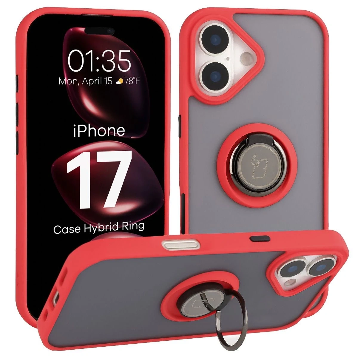 Etui z uchwytem na palec Bizon Case Hybrid Ring do Apple iPhone 17 przydymione z czerwoną ramką