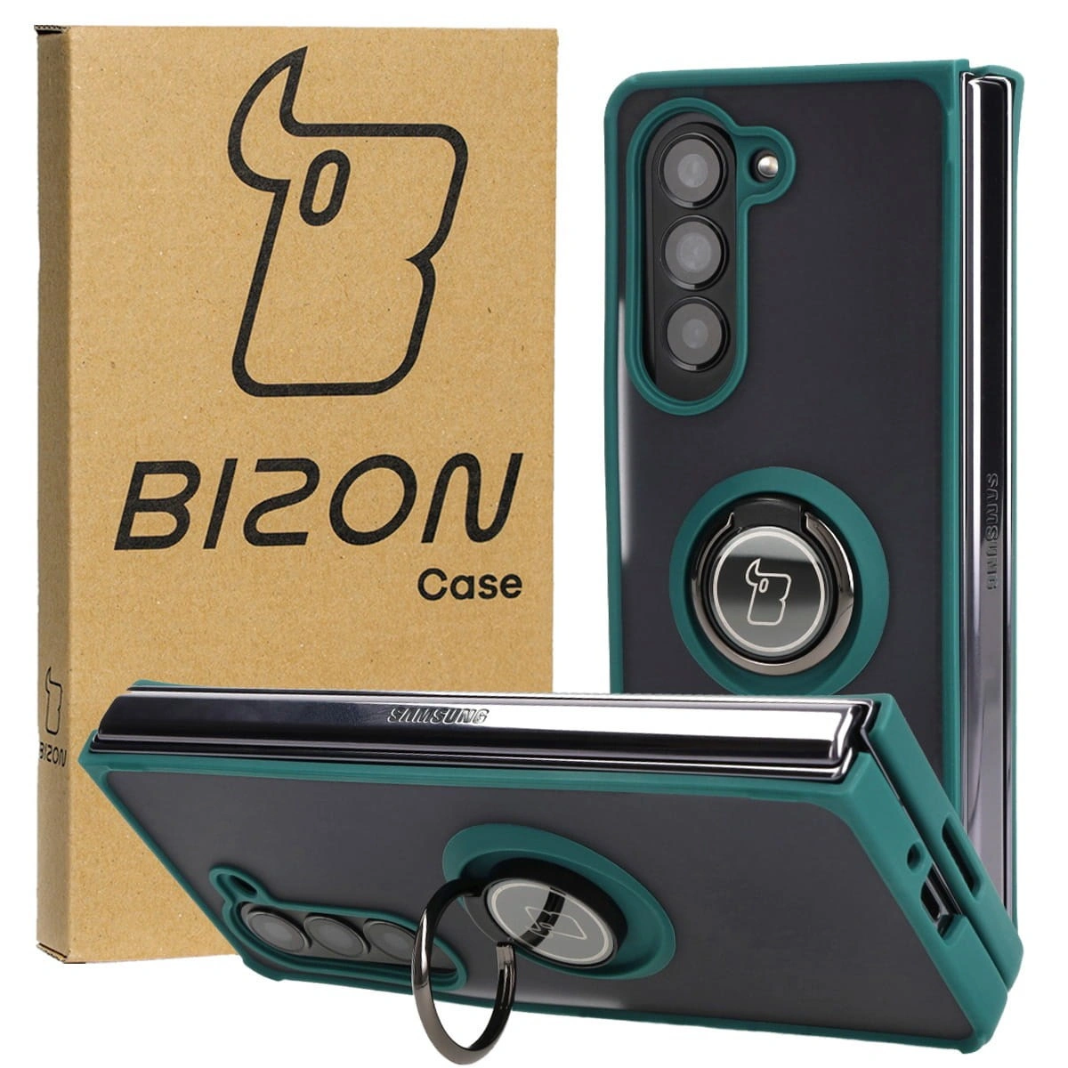 Bizon Case Hybrid Ring Samsung Galaxy Z Fold5 smoky with a dark green frame