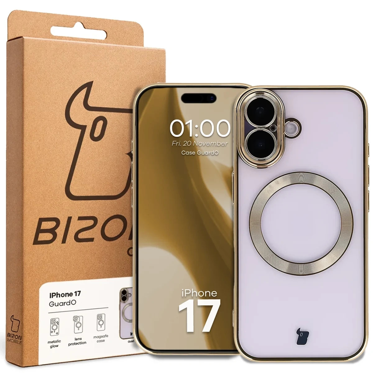 Etui z ochroną aparatu i pierścieniem magnetycznym Bizon Case GuardO do Apple iPhone 17, przezroczysto-złote