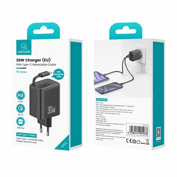 USAMS USB-C Wall Charger + retractable USB-C cable PD+QC 30W Gan Fast Charging white YC Series