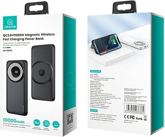 USAMS Powerbank PB62 10000mAh 20W QC3.0+PD Magnetic Wireless Fast Charge black 10KCD17101 (US-CD171)